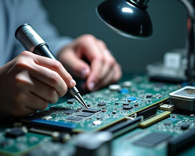 Tecnico al lavoro su scheda madre in laboratorio